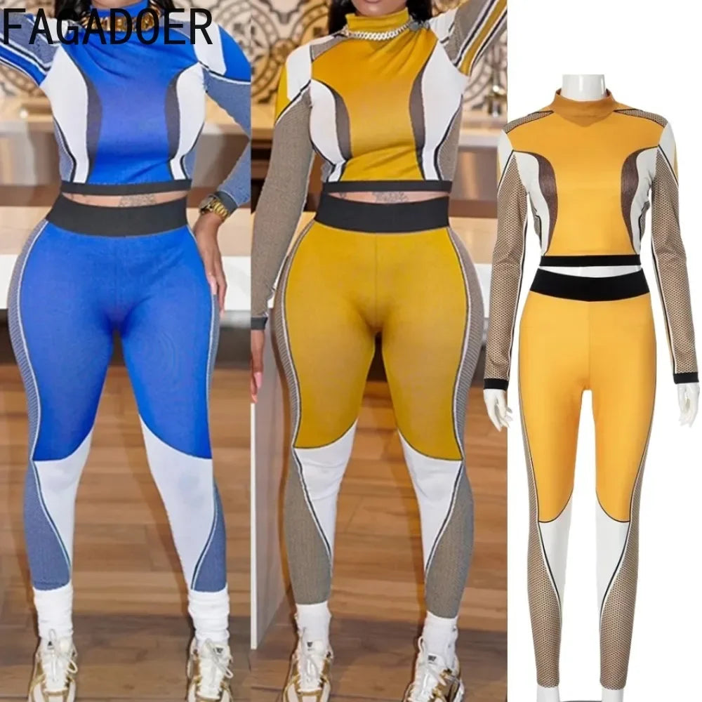 Trendy Color Block 2 Piece Set Women Outfit High Collar Print Patchwork Crop Top + High Waist Leggings Pants Streetwear