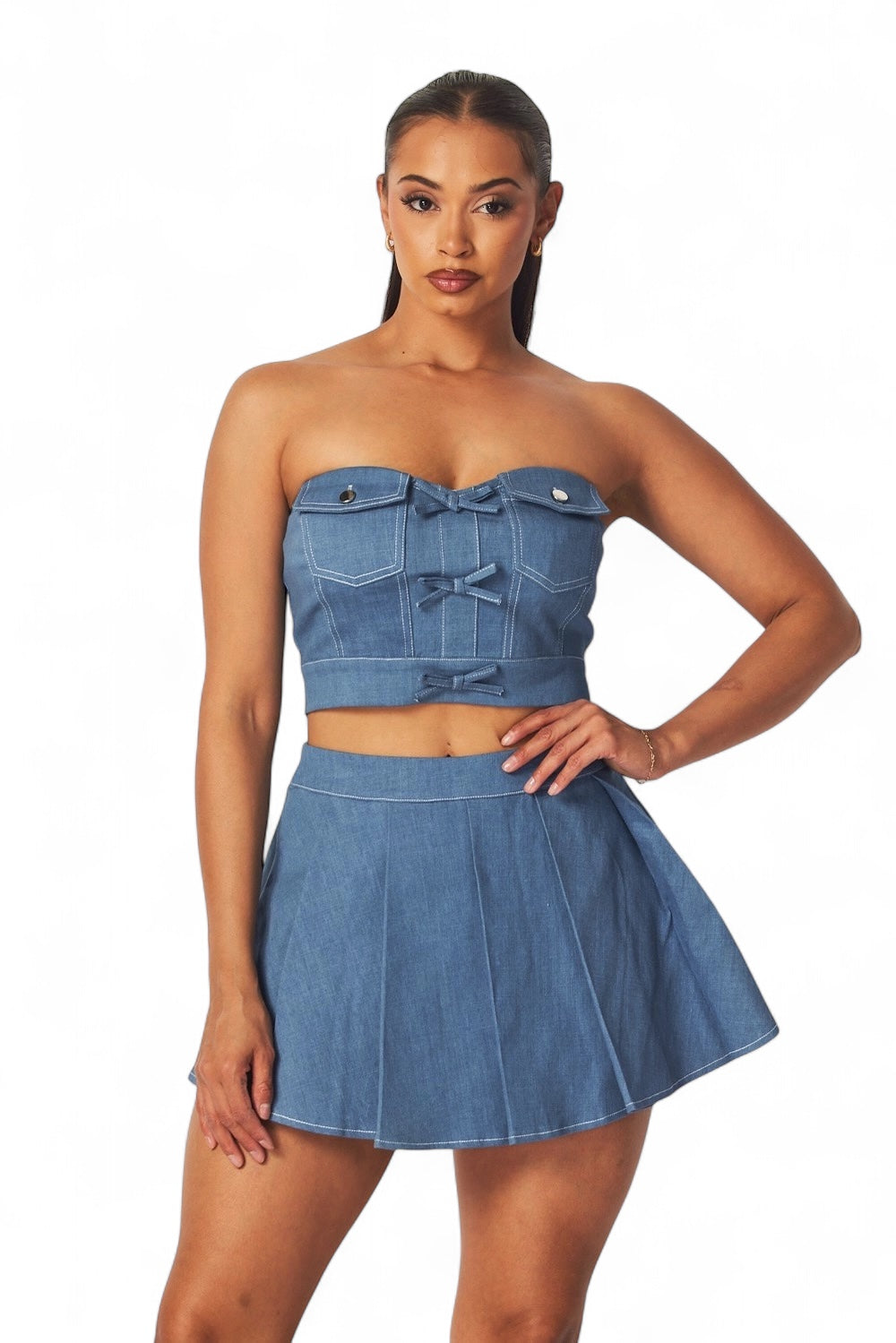 Giorgia Denim Top and Mini Skater Skort Set The House of Stylez