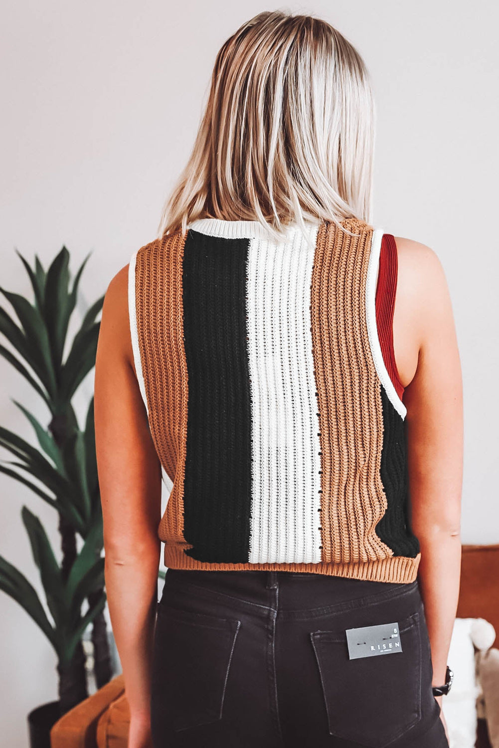 Khaki Stripe Color Block Sleeveless Knitted Sweater Vest Shell Design Boutique