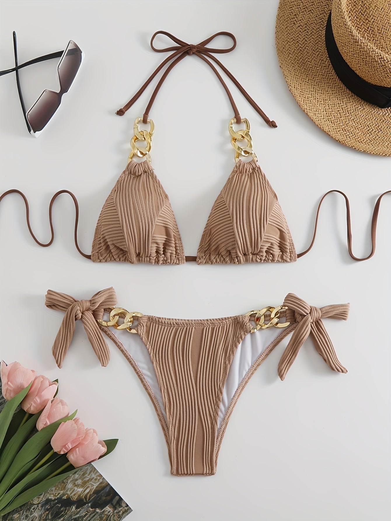 Bikini Ruched Texture Golden Chain 2 Piece Triangle Swimsuit for Women – Striped Halter Bikini Set with Bow Tie Side and Elegant Ring Link Detail – Stretchy Beachwear for Pool Bathing and Summer Vacations Stevvex