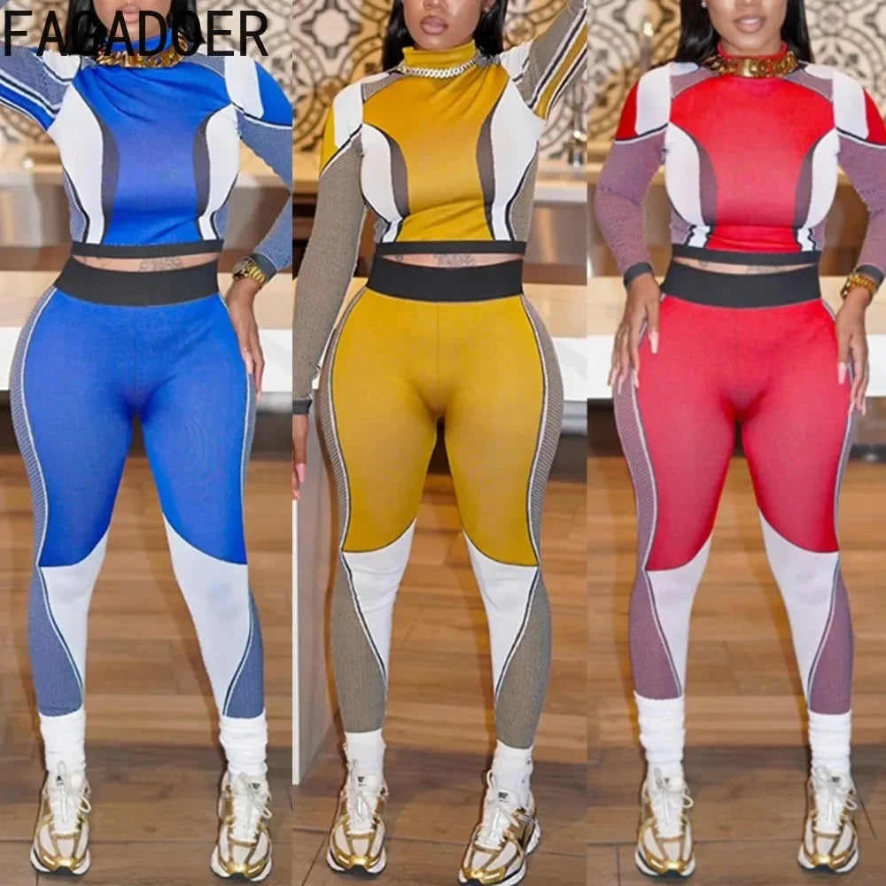 Trendy Color Block 2 Piece Set Women Outfit High Collar Print Patchwork Crop Top + High Waist Leggings Pants Streetwear