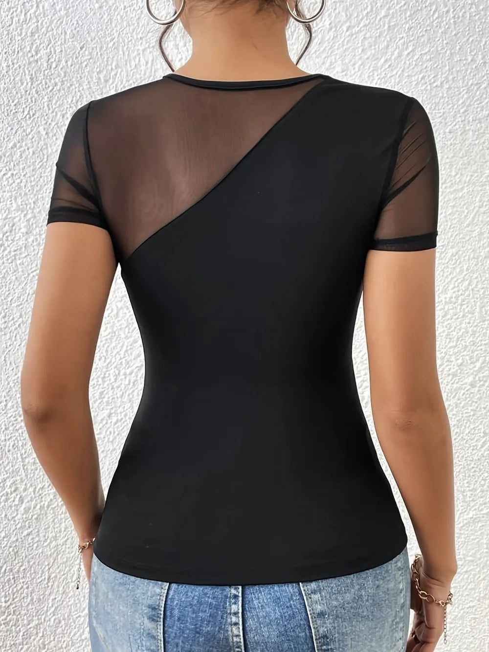 Mesh Patchwork Round Neck Short Sleeve Top Back