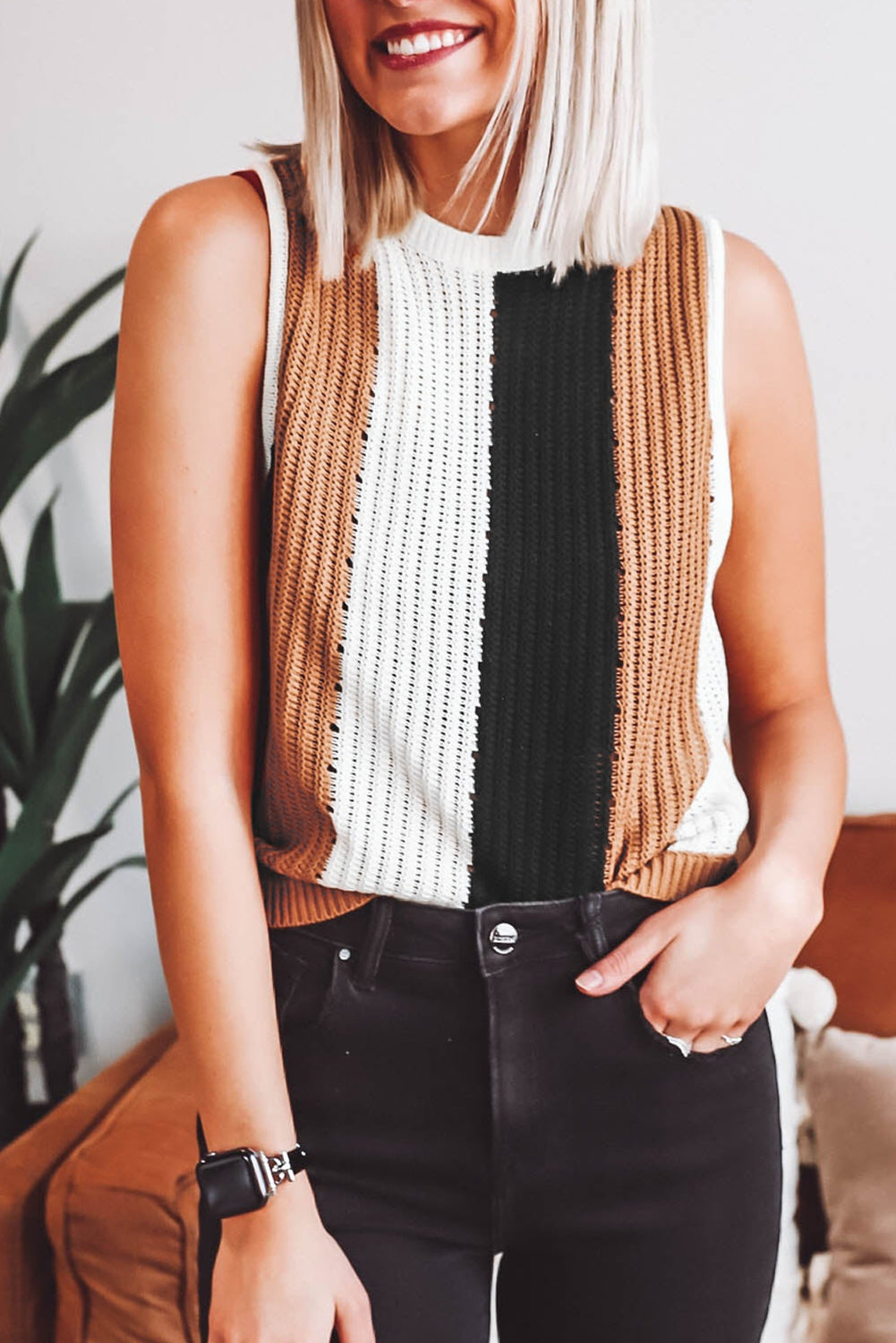 Khaki Stripe Color Block Sleeveless Knitted Sweater Vest Shell Design Boutique