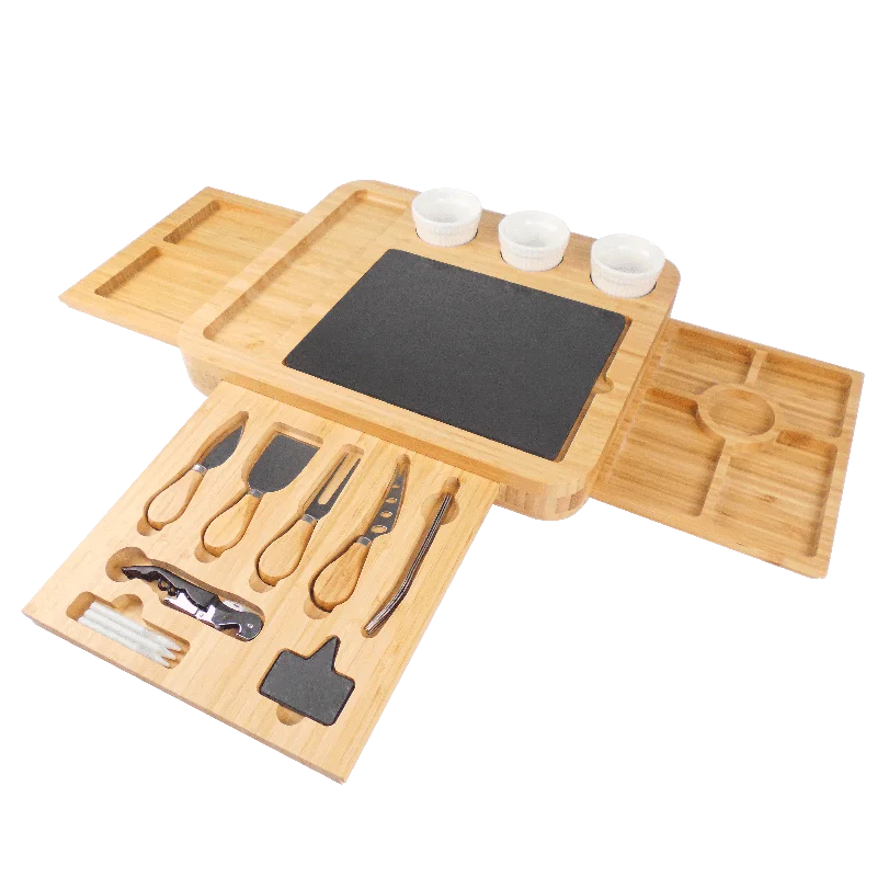 Eco-Friendly Cheap Bamboo Cheese And Knife Set Board Set With Slide-Out Drawer Charcuterie Platter