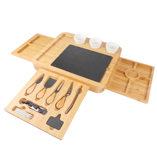 Eco-Friendly Cheap Bamboo Cheese And Knife Set Board Set With Slide-Out Drawer Charcuterie Platter