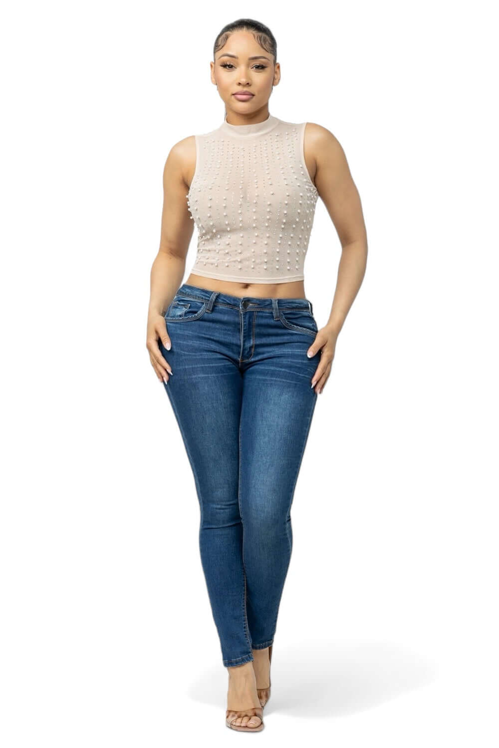 Mesh See Through  Pearls Studs Embellished Top The House of Stylez