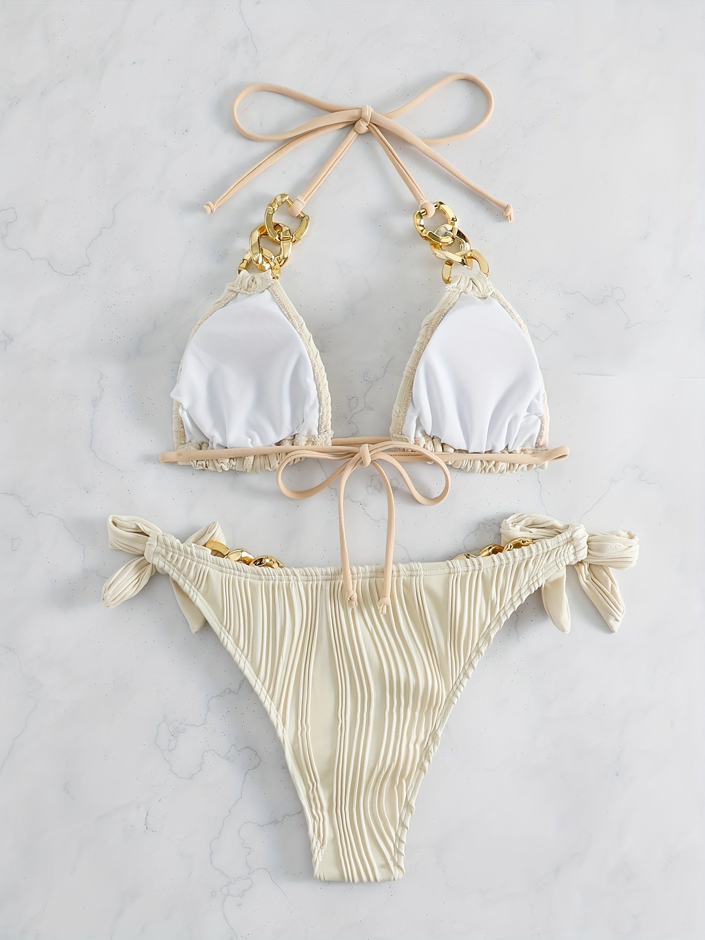 Bikini Ruched Texture Golden Chain 2 Piece Triangle Swimsuit for Women – Striped Halter Bikini Set with Bow Tie Side and Elegant Ring Link Detail – Stretchy Beachwear for Pool Bathing and Summer Vacations Stevvex