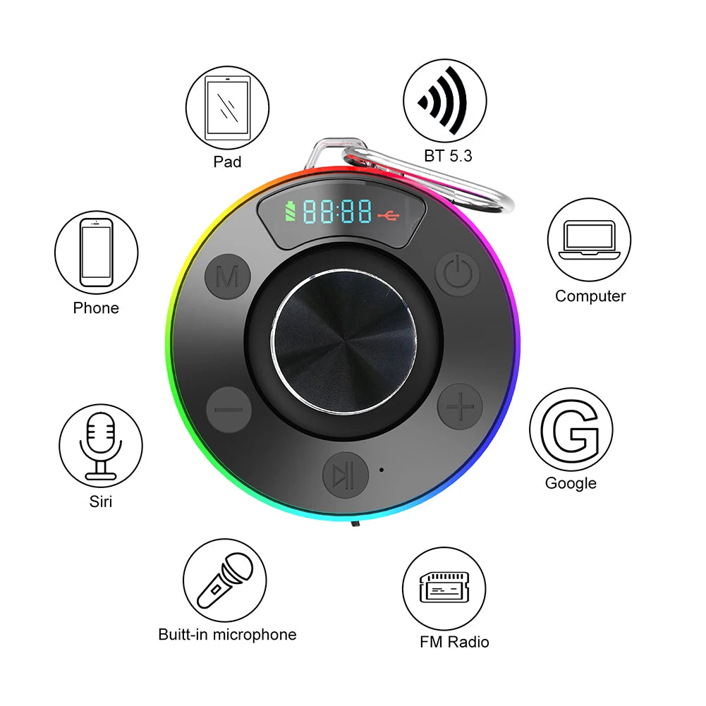 Bluetooth-Compatible 5.3 Shower Speaker FM Radio Shower Radio with Suction Cup Stereo Subwoofer for Kayak Beach Pool Accessories