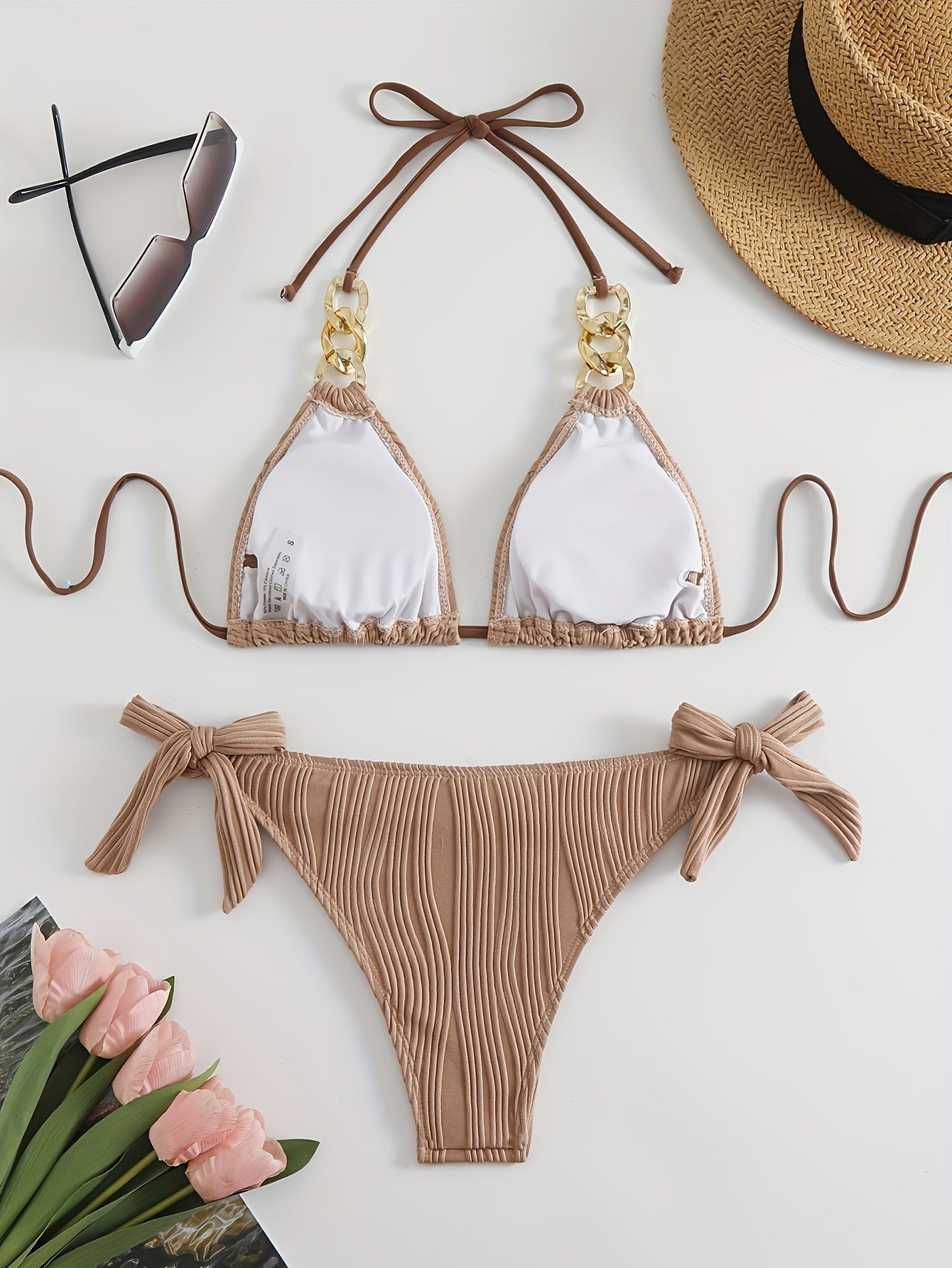 Bikini Ruched Texture Golden Chain 2 Piece Triangle Swimsuit for Women – Striped Halter Bikini Set with Bow Tie Side and Elegant Ring Link Detail – Stretchy Beachwear for Pool Bathing and Summer Vacations Stevvex