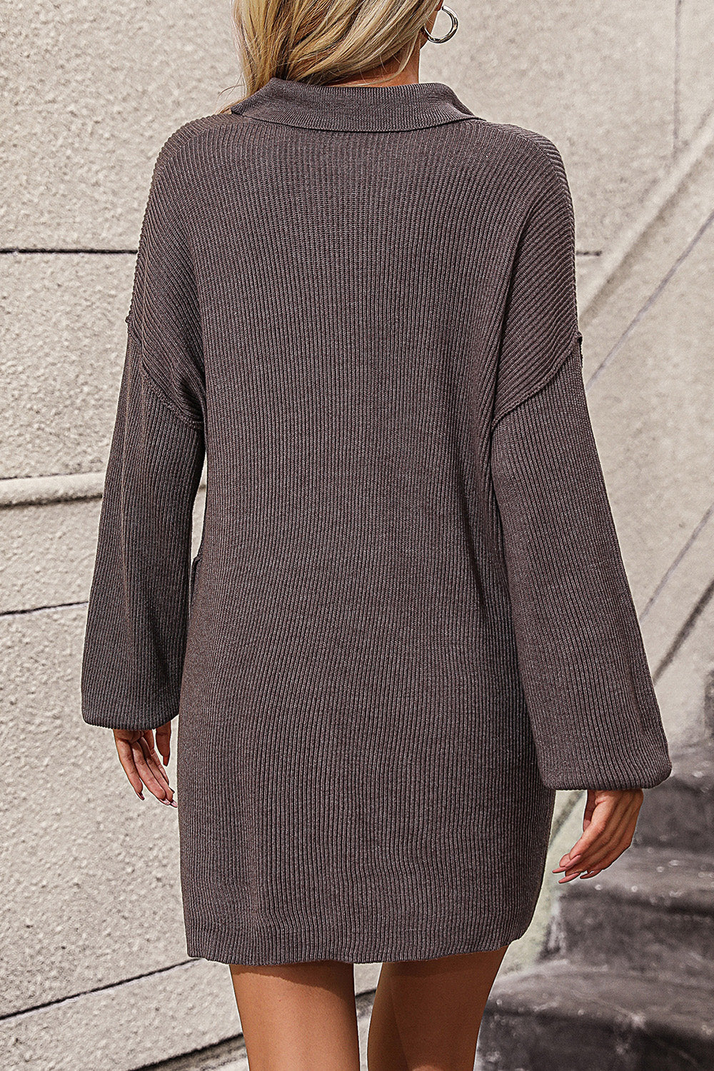 Collared Neck Long Sleeve Sweater Dress with Pockets