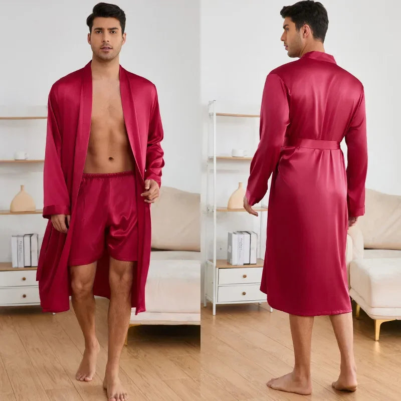 Men Ice Silk Robe&shorts Set Nightwear Spring Summer Robe Suit Loose Kimono Intimate Lingerie Solid Color Home Clothes Bathrobe