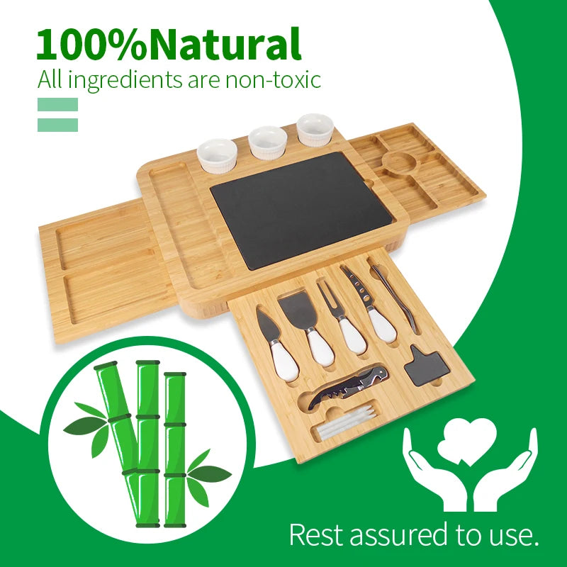 Eco-Friendly Cheap Bamboo Cheese And Knife Set Board Set With Slide-Out Drawer Charcuterie Platter