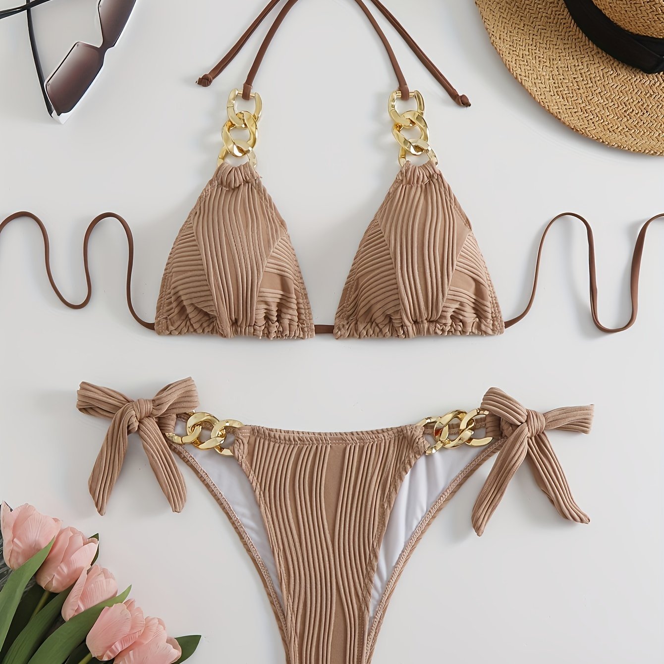 Bikini Ruched Texture Golden Chain 2 Piece Triangle Swimsuit for Women – Striped Halter Bikini Set with Bow Tie Side and Elegant Ring Link Detail – Stretchy Beachwear for Pool Bathing and Summer Vacations Stevvex