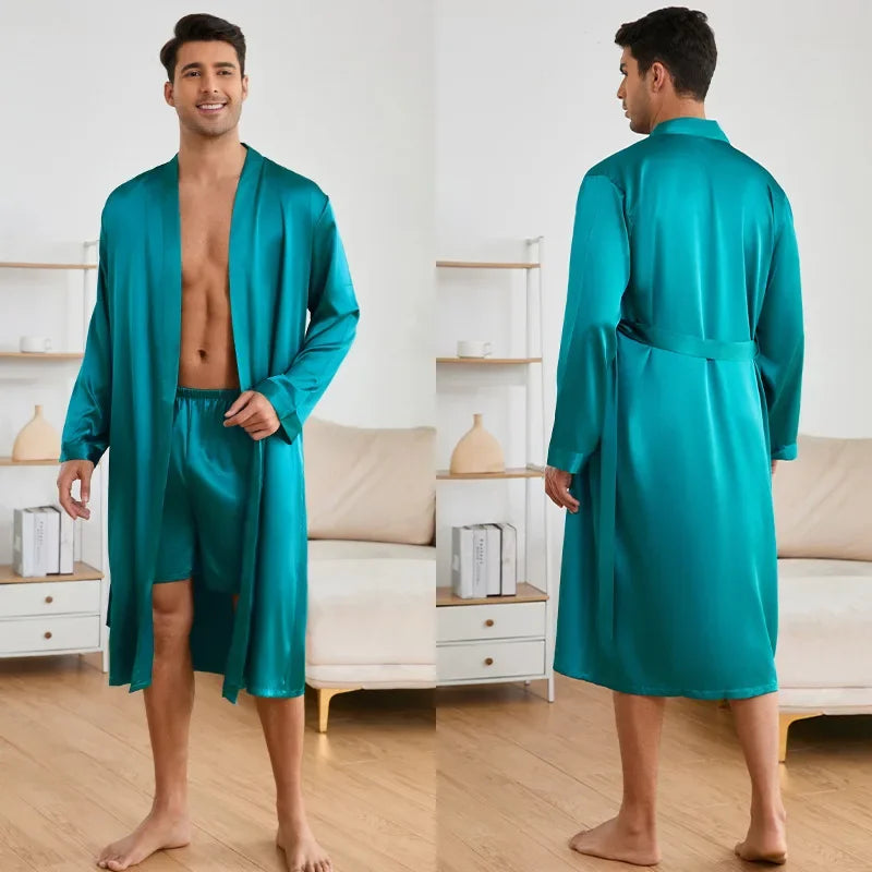 New Robe Suit Solid Color Home Clothes Bathrobe Nightwear Loose Kimono Intimate Lingerie Men Ice Silk Robe&shorts Set