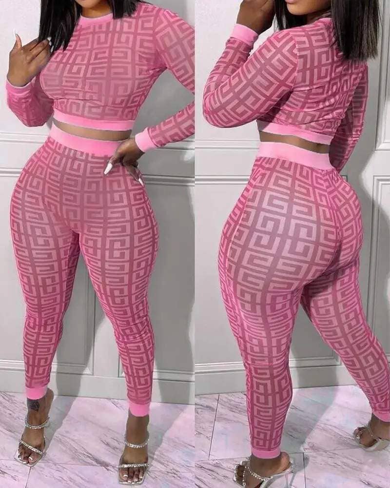 Geometric print long sleeve crop top pants set Fashion Combination