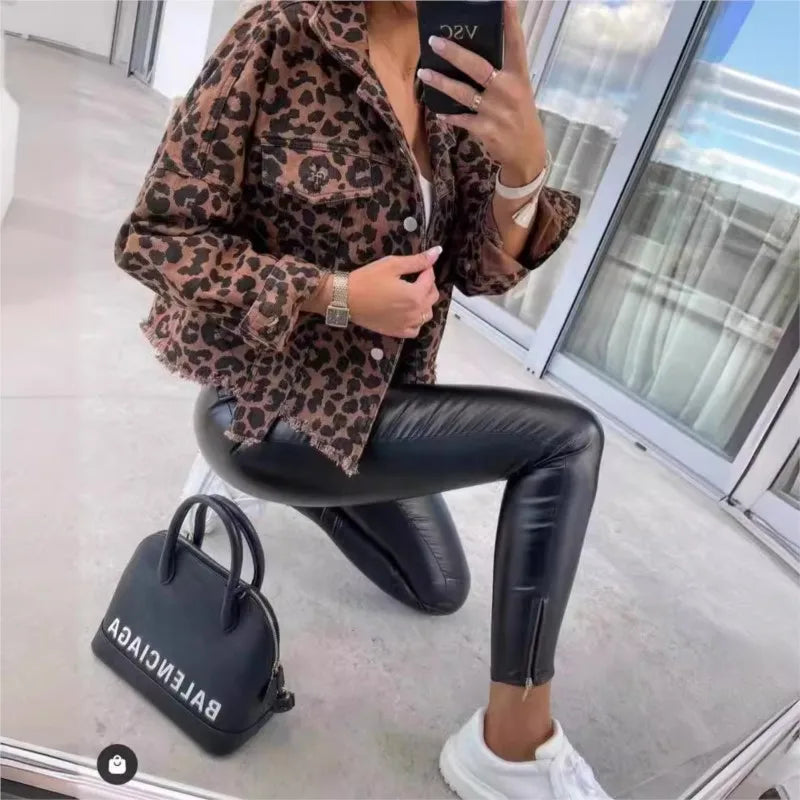 Spring Autumn Vintage Leopard Denim Coat For Women New Fashionable And Trendy Style Female Jacket Leopard Print Jeans Outwear