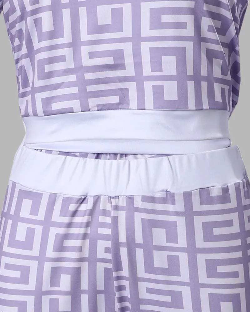 Geometric print long sleeve crop top pants set Fashion Combination