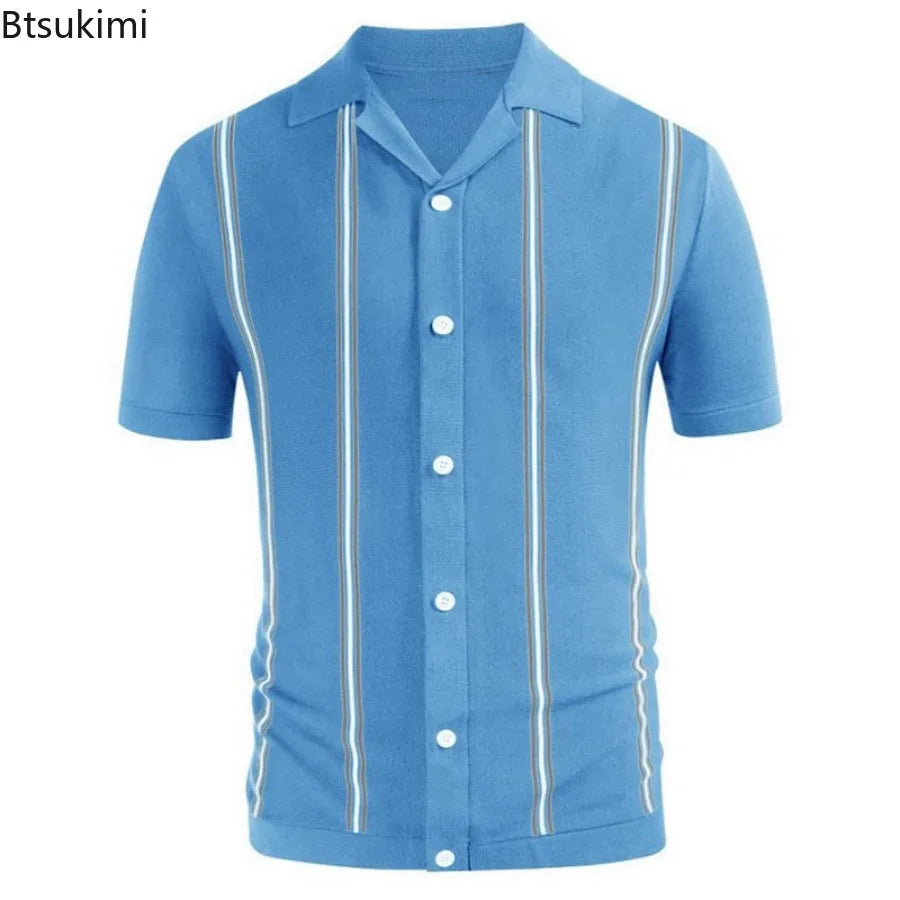 Summer New Men's Clothing Fashion Men Short Sleeve Striped Knitwear T-shirts Male Business Casual Knit Cardigan Polo Shirts Tops