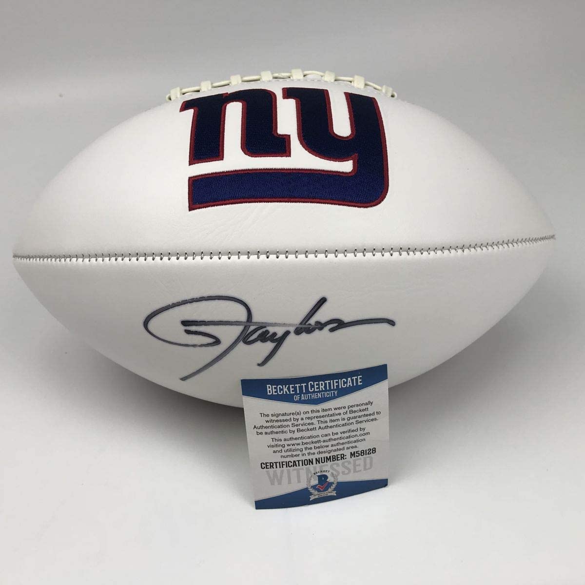 Autographed/Signed Lawrence Taylor New York Giants FS White Panel Logo Football Beckett BAS COA Hall of Fame Sports Memorabilia