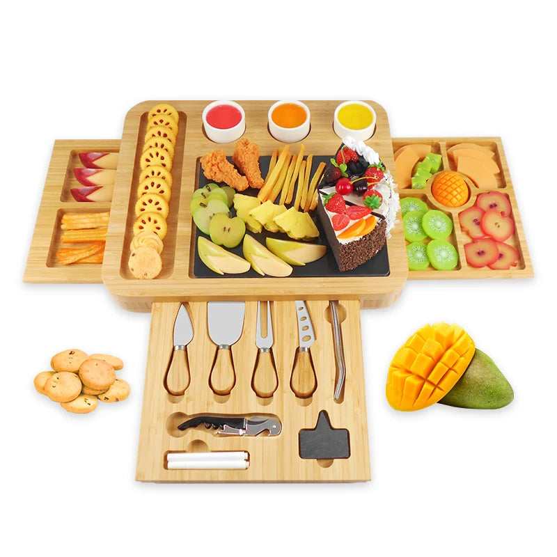 Eco-Friendly Cheap Bamboo Cheese And Knife Set Board Set With Slide-Out Drawer Charcuterie Platter