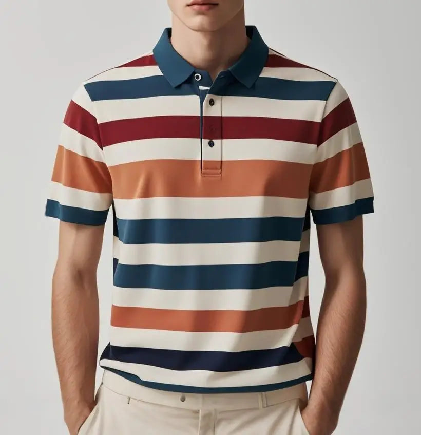 Summer Men's Polo Shirt Casual Stripe Print Button-Down Tops Fashion Business Polo T-Shirt Outdoor Male Oversized Clothing