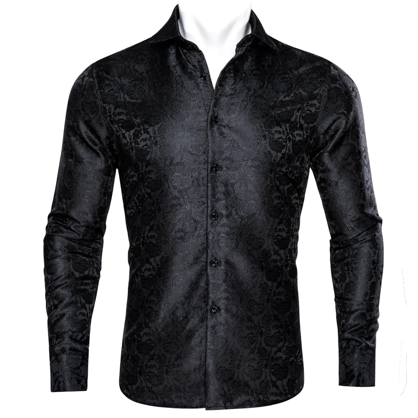 Barry.Wang Luxury Black Paisley Silk Shirts Men Long Sleeve Casual Flower Silver Shirts For Men Designer Fit Dress Shirt BY-0058