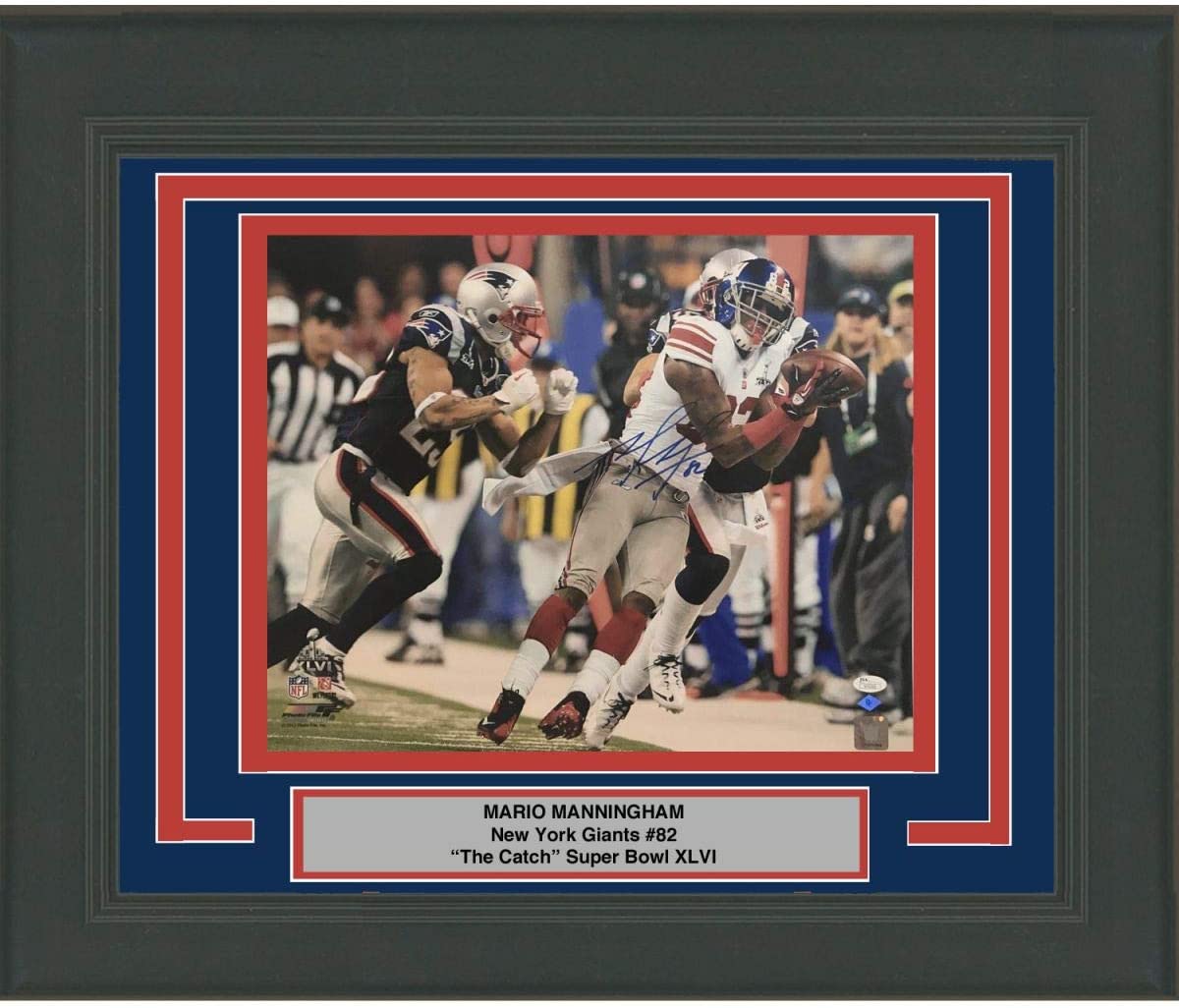 Framed Autographed/Signed Mario Manningham New York Giants Super Bowl Catch 16x20 Football Photo JSA COA Hall of Fame Sports Memorabilia