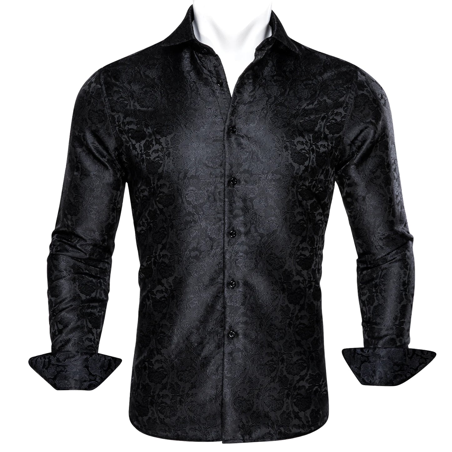 Barry.Wang Luxury Black Paisley Silk Shirts Men Long Sleeve Casual Flower Silver Shirts For Men Designer Fit Dress Shirt BY-0058