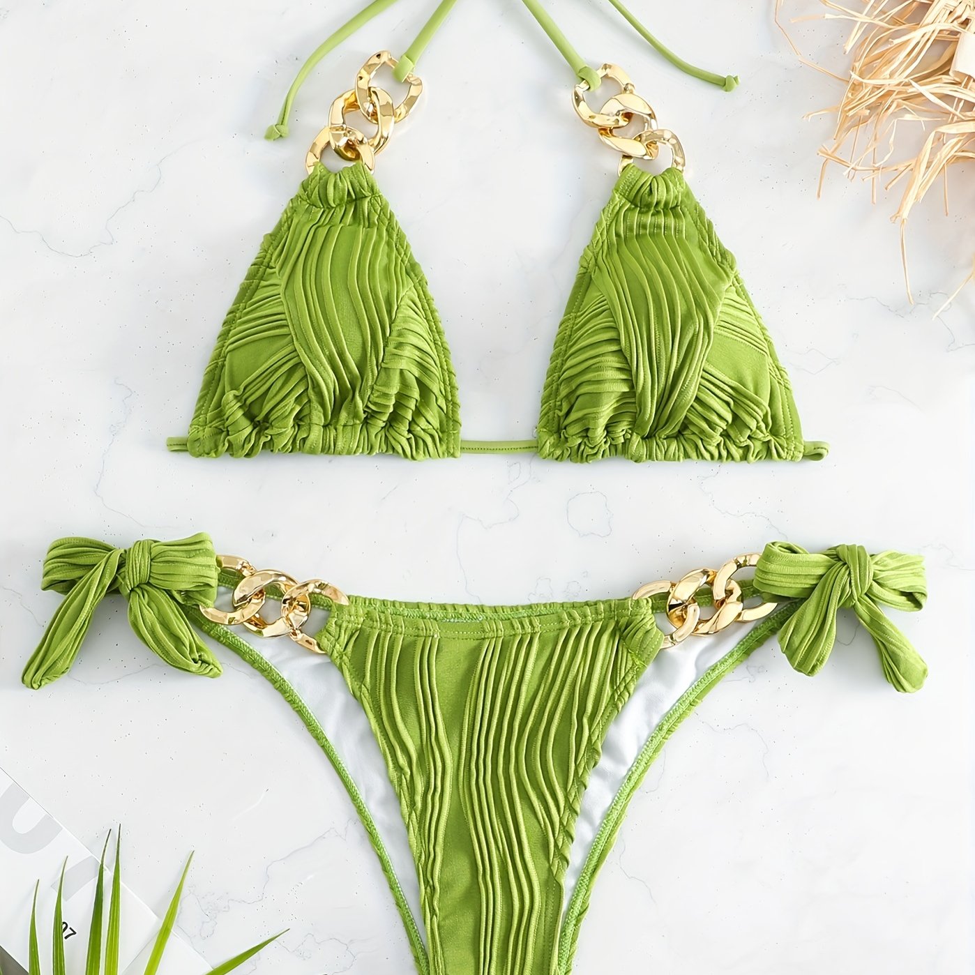 Bikini Ruched Texture Golden Chain 2 Piece Triangle Swimsuit for Women – Striped Halter Bikini Set with Bow Tie Side and Elegant Ring Link Detail – Stretchy Beachwear for Pool Bathing and Summer Vacations Stevvex