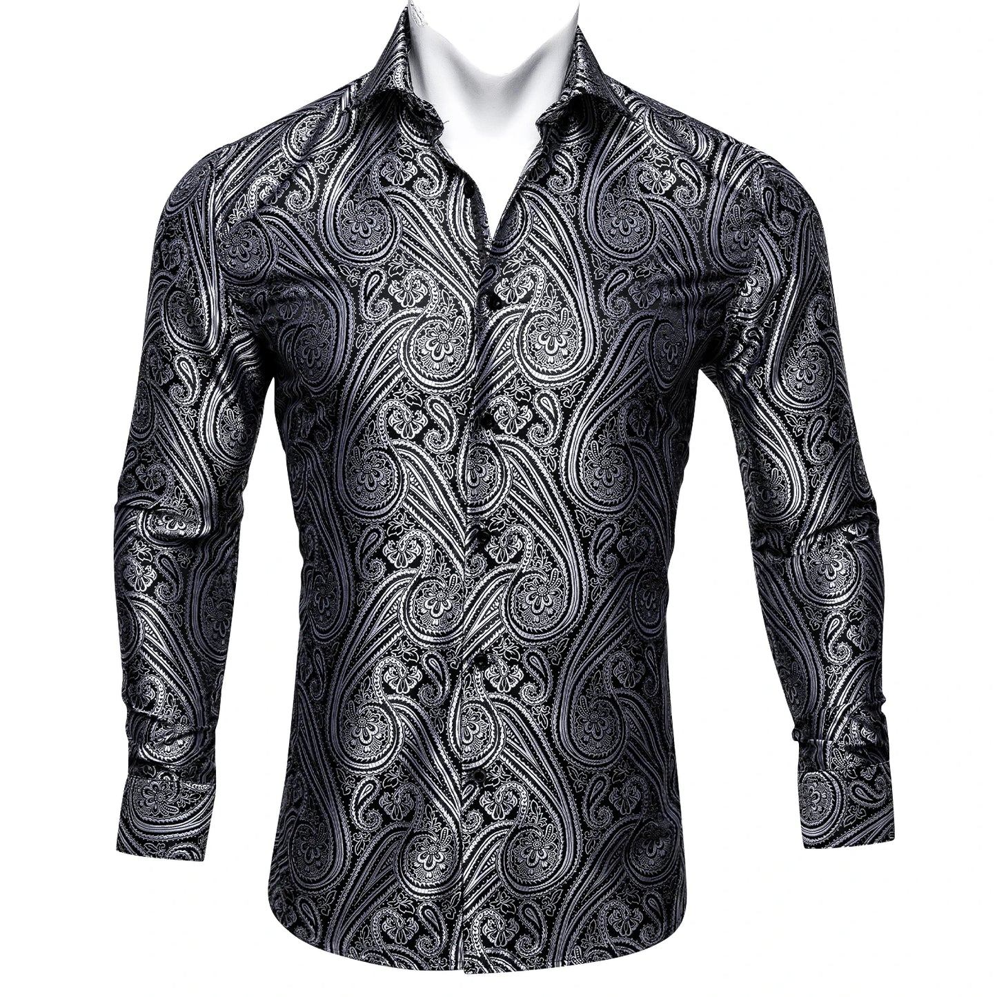 Barry.Wang Luxury Black Paisley Silk Shirts Men Long Sleeve Casual Flower Silver Shirts For Men Designer Fit Dress Shirt BY-0058