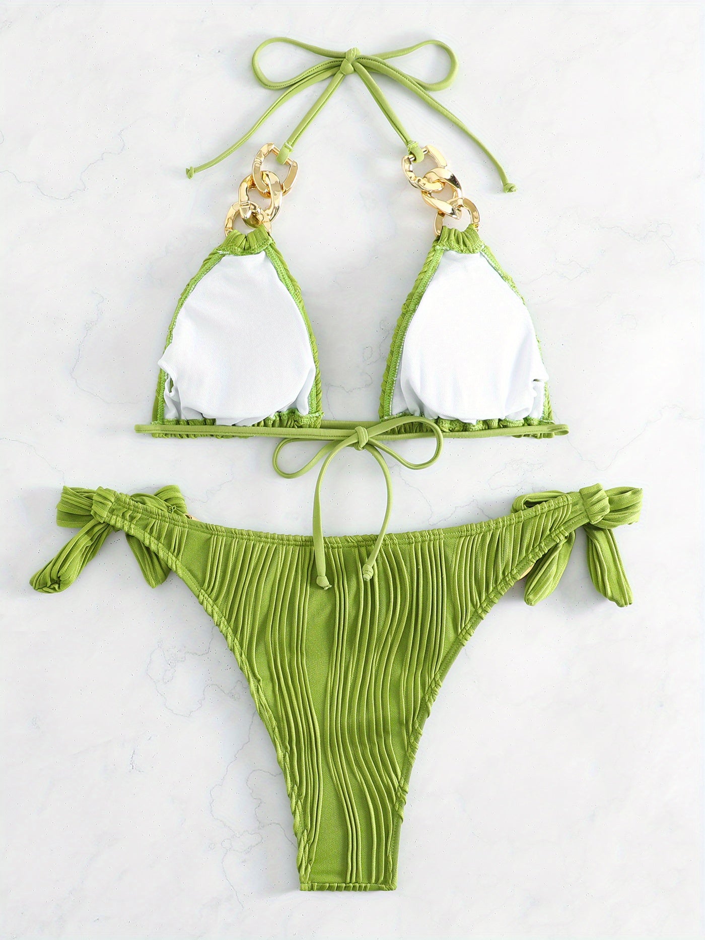 Bikini Ruched Texture Golden Chain 2 Piece Triangle Swimsuit for Women – Striped Halter Bikini Set with Bow Tie Side and Elegant Ring Link Detail – Stretchy Beachwear for Pool Bathing and Summer Vacations Stevvex