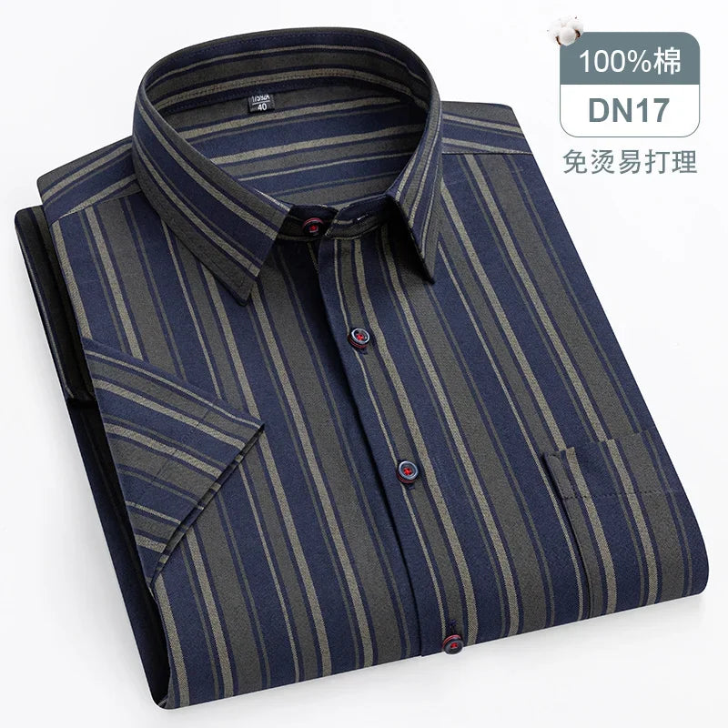 New Quality 100%Pure Cotton Men Short Sleeves Social Shirt for Oxford Shirt Men Plaid Striped Work Casual Pocket Shirts S-8XL