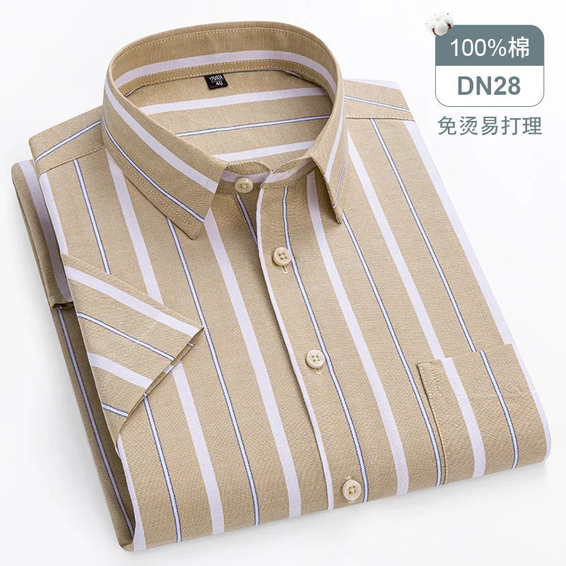 New Quality 100%Pure Cotton Men Short Sleeves Social Shirt for Oxford Shirt Men Plaid Striped Work Casual Pocket Shirts S-8XL