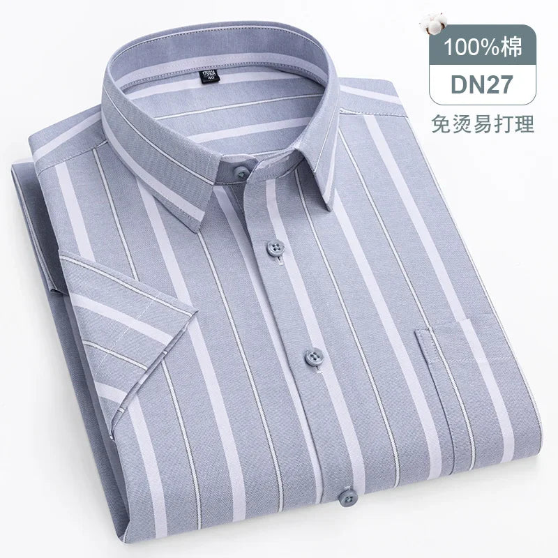 New Quality 100%Pure Cotton Men Short Sleeves Social Shirt for Oxford Shirt Men Plaid Striped Work Casual Pocket Shirts S-8XL