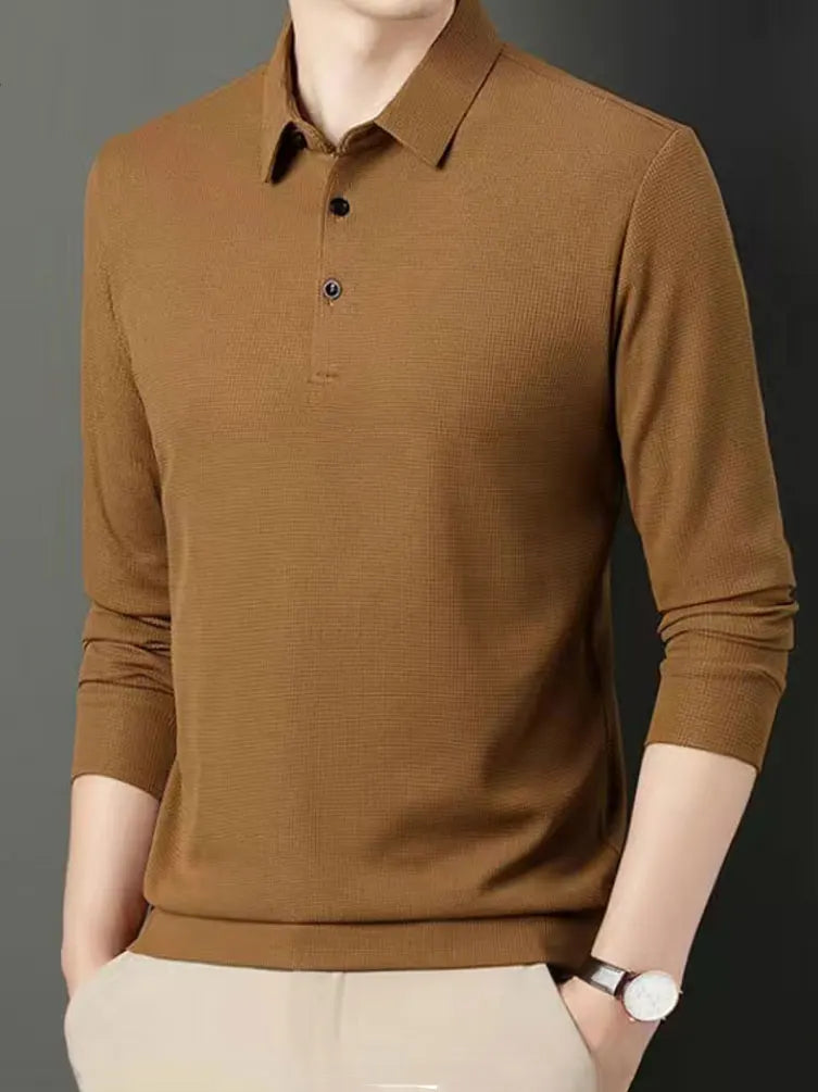 100% Cotton Men Long Sleeve Polo T Shirt Dad Turn-Down Collar Loose Casual Tees Shirts Work Wear Spring Autumn 2023 New