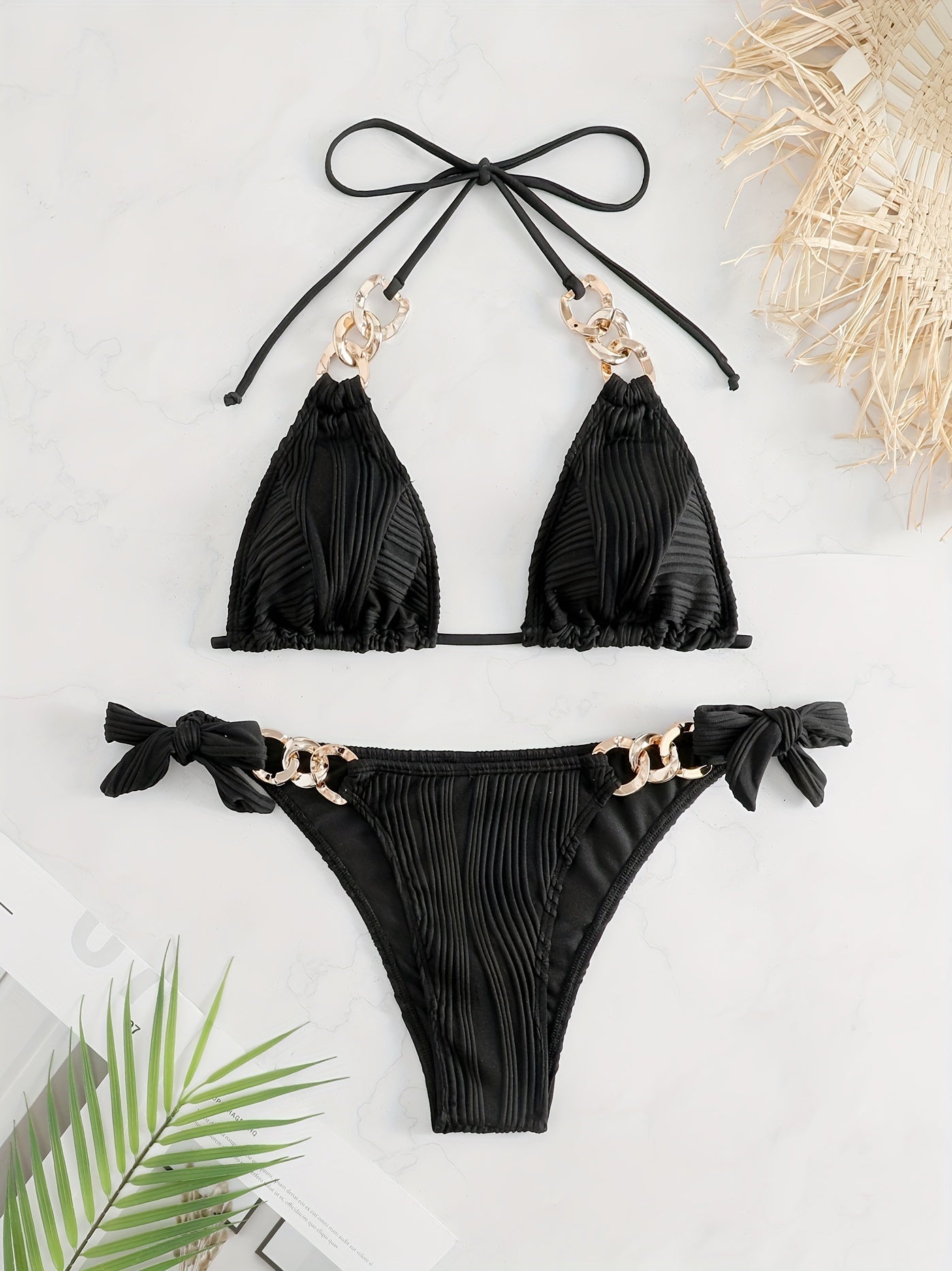 Bikini Ruched Texture Golden Chain 2 Piece Triangle Swimsuit for Women – Striped Halter Bikini Set with Bow Tie Side and Elegant Ring Link Detail – Stretchy Beachwear for Pool Bathing and Summer Vacations Stevvex