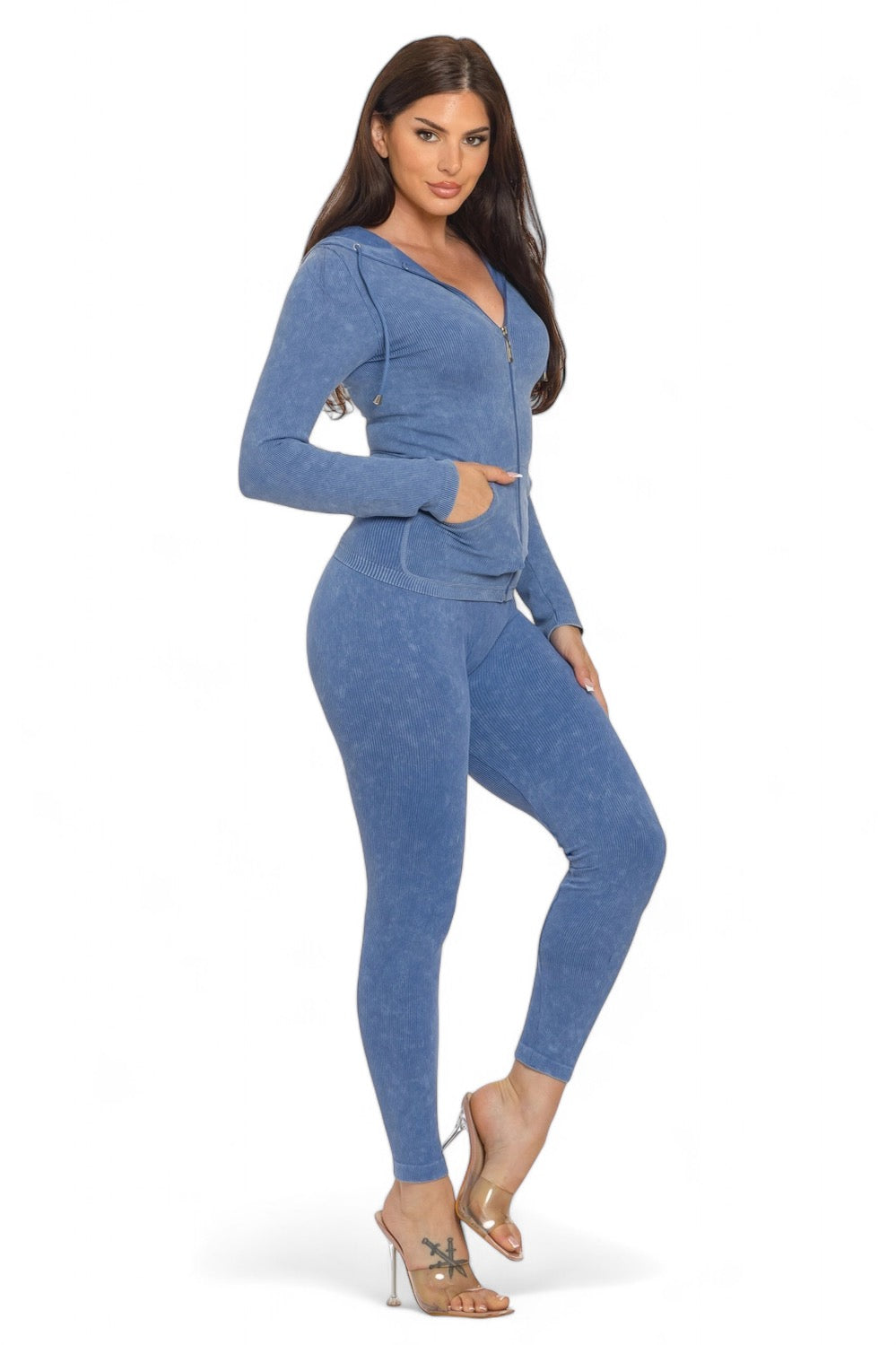 Washed Seamless Rib Zip Up Hoodie Jacket and Leggings Set The House of Stylez