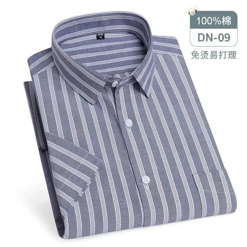 New Quality 100%Pure Cotton Men Short Sleeves Social Shirt for Oxford Shirt Men Plaid Striped Work Casual Pocket Shirts S-8XL