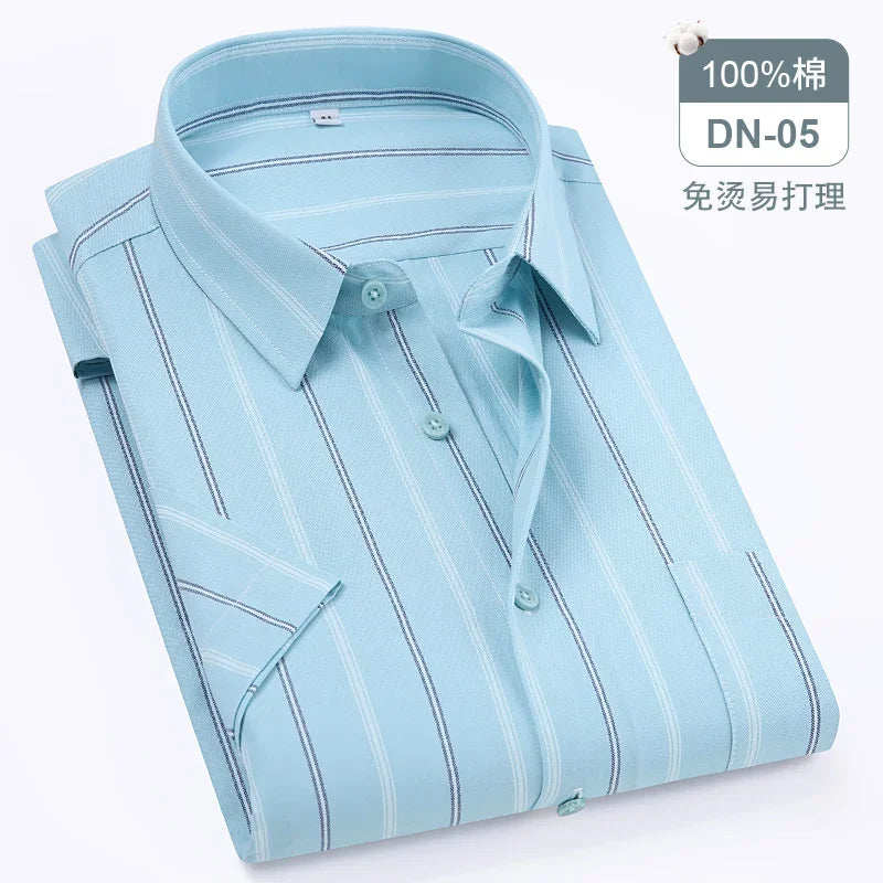 New Quality 100%Pure Cotton Men Short Sleeves Social Shirt for Oxford Shirt Men Plaid Striped Work Casual Pocket Shirts S-8XL