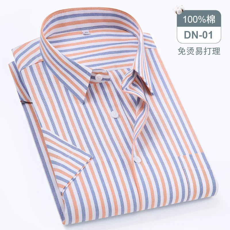 New Quality 100%Pure Cotton Men Short Sleeves Social Shirt for Oxford Shirt Men Plaid Striped Work Casual Pocket Shirts S-8XL