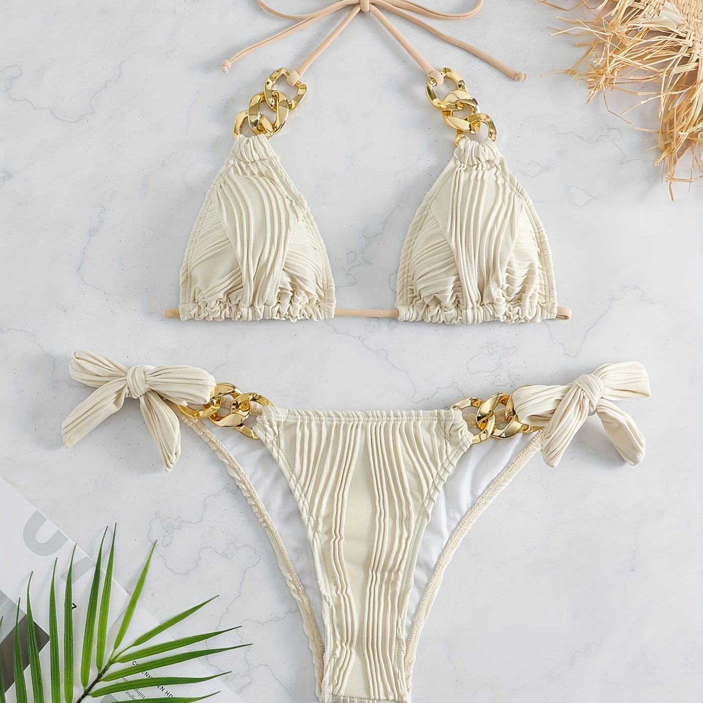 Bikini Ruched Texture Golden Chain 2 Piece Triangle Swimsuit for Women – Striped Halter Bikini Set with Bow Tie Side and Elegant Ring Link Detail – Stretchy Beachwear for Pool Bathing and Summer Vacations Stevvex