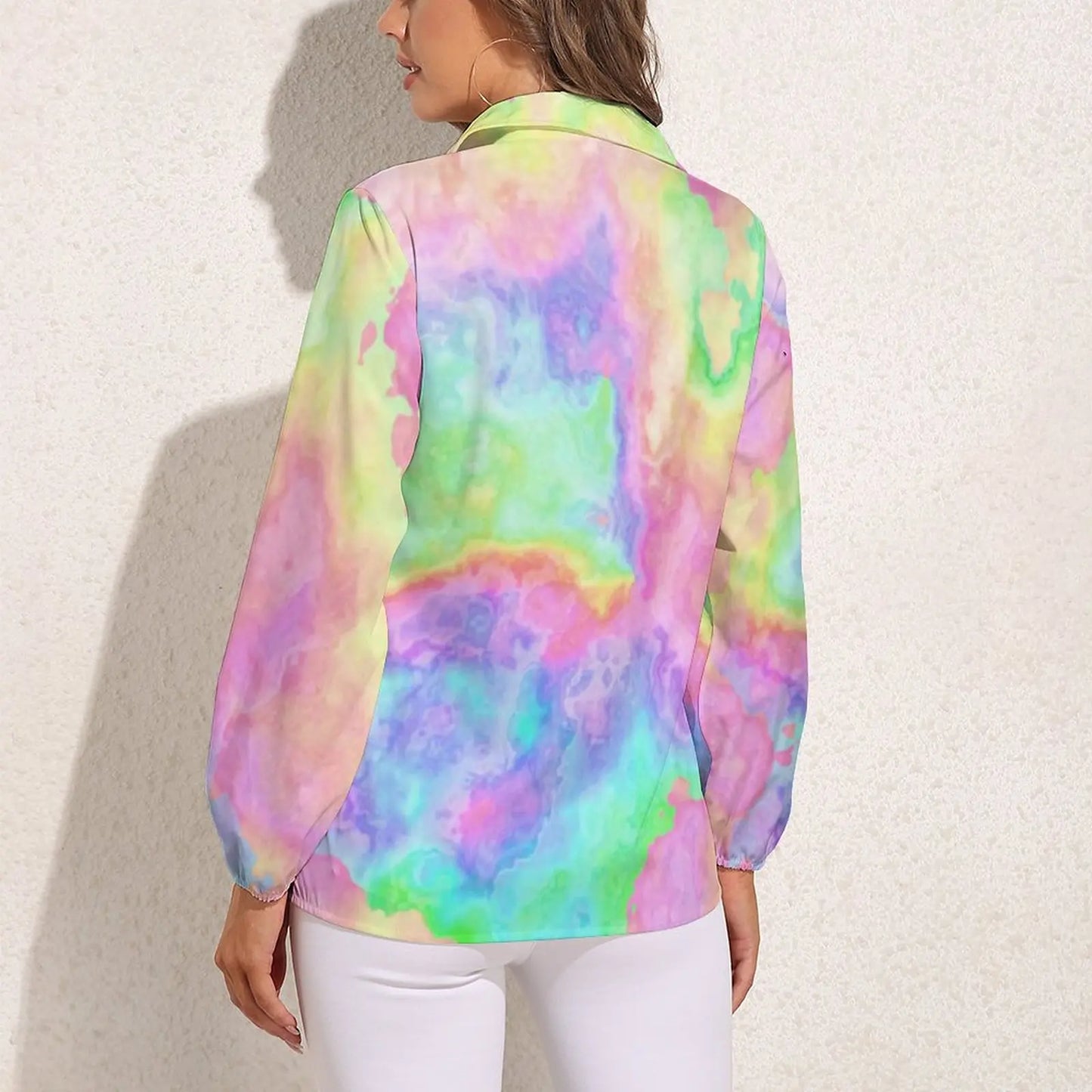 Rainbow Tie Dye Marble Blouse Female Stone Pastels Abstract Art Casual Loose Blouses Long-Sleeve Trendy Shirt Print Top Big Size