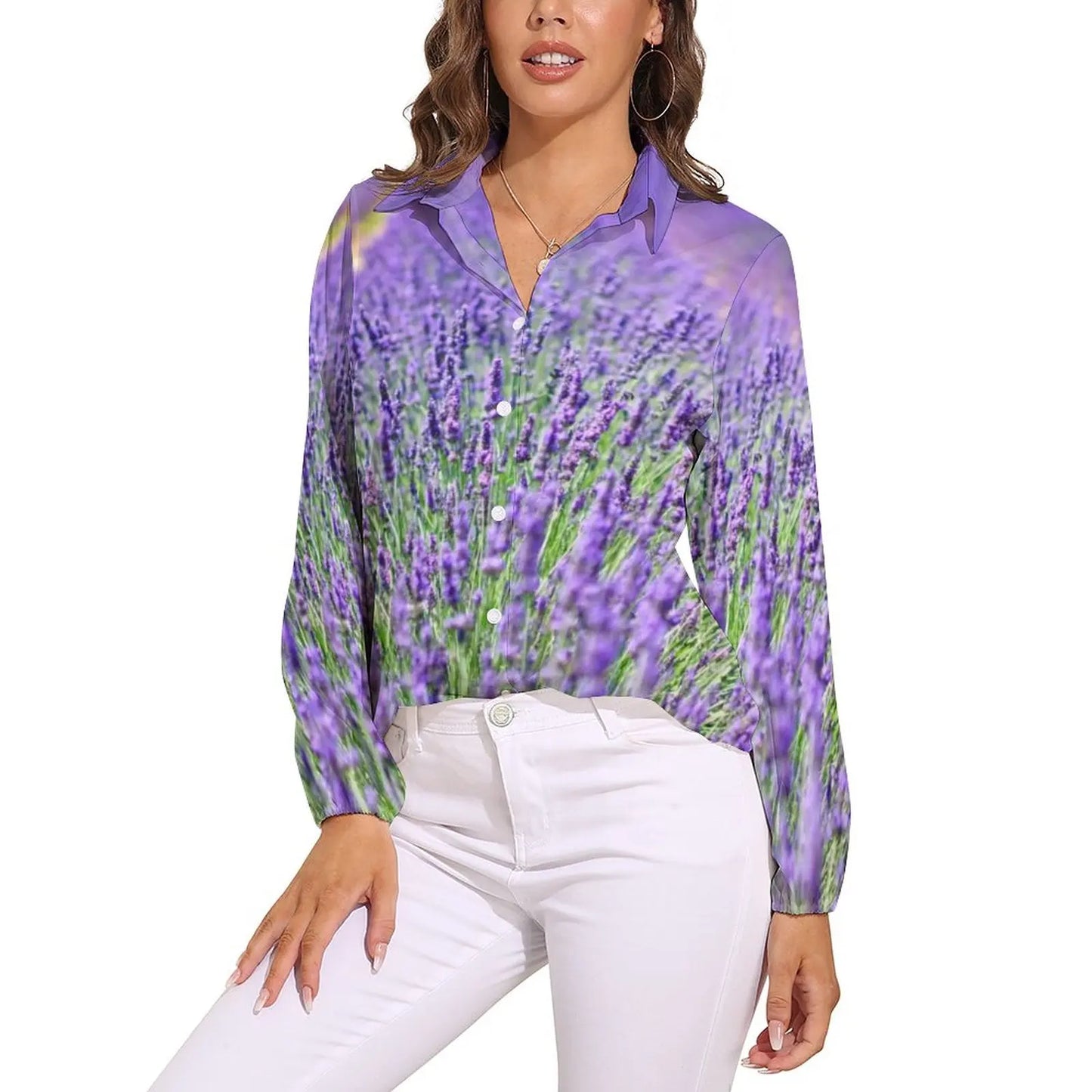 Fields of Lavender Loose Blouse Nature Purple Flowers Simple Oversized Blouses Womens Long Sleeve Trendy Shirt Spring Print Tops