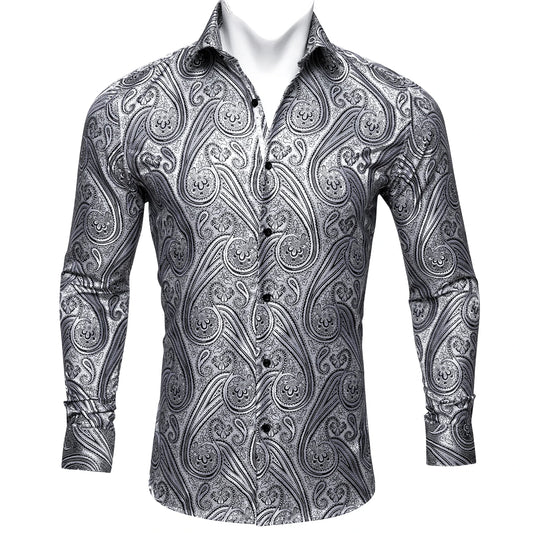 Barry.Wang Luxury Black Paisley Silk Shirts Men Long Sleeve Casual Flower Silver Shirts For Men Designer Fit Dress Shirt BY-0058