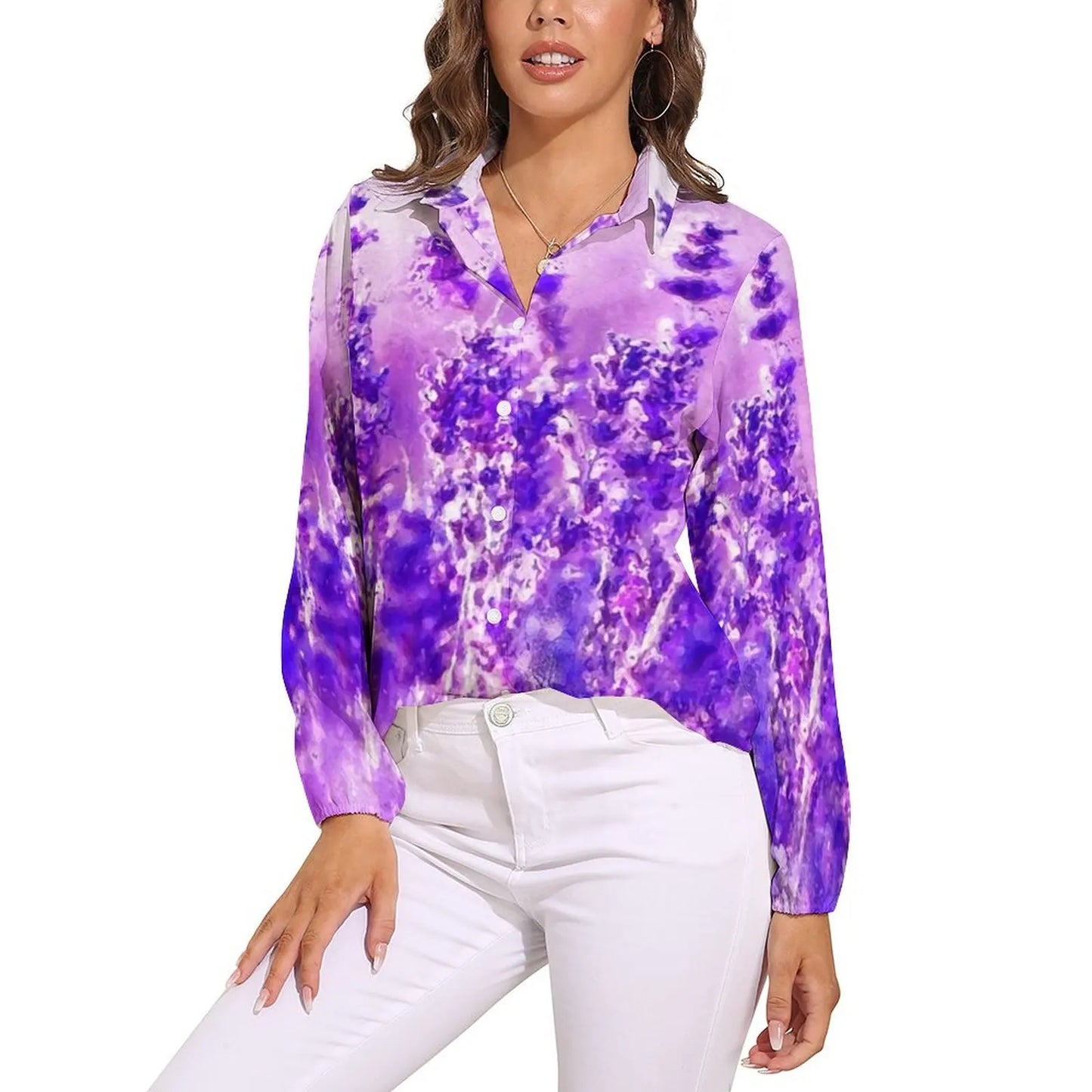 Fields of Lavender Loose Blouse Nature Purple Flowers Simple Oversized Blouses Womens Long Sleeve Trendy Shirt Spring Print Tops