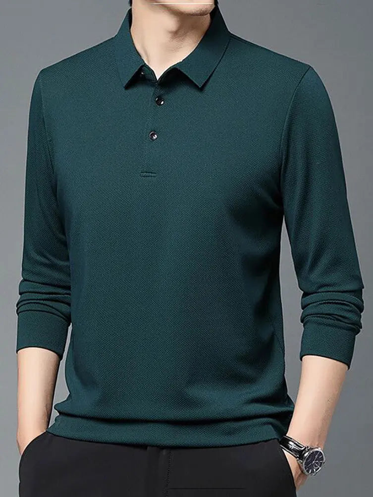 100% Cotton Men Long Sleeve Polo T Shirt Dad Turn-Down Collar Loose Casual Tees Shirts Work Wear Spring Autumn 2023 New