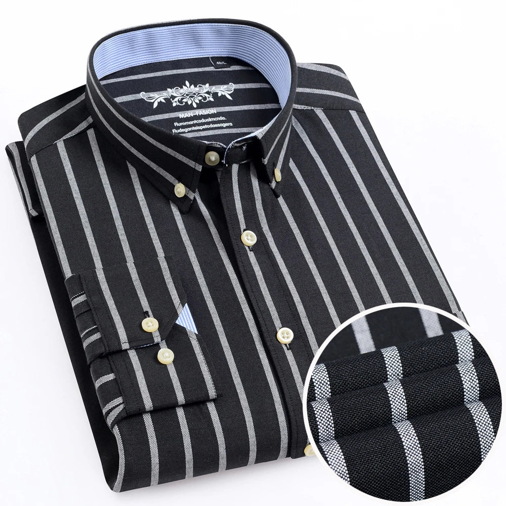 Men's Long Sleeve Oxford Plaid Striped Work Casual Shirt with Pocket, Spring Autumn  Cotton Blend Regular-fit Button-down Shirts