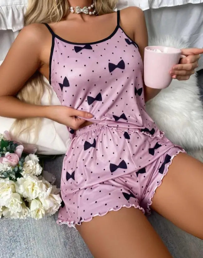 Women's Pajama Set Pajamas T-Shirts Shorts Pink Heart-Shaped Print Round Neck T-Shirt Ice Silk Top Comfortable Casual Summer ﻿