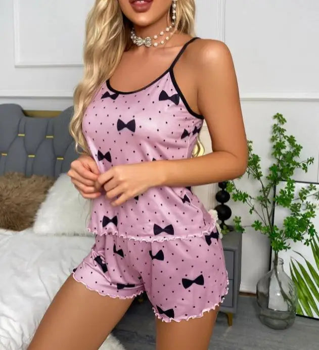 Women's Pajama Set Pajamas T-Shirts Shorts Pink Heart-Shaped Print Round Neck T-Shirt Ice Silk Top Comfortable Casual Summer ﻿