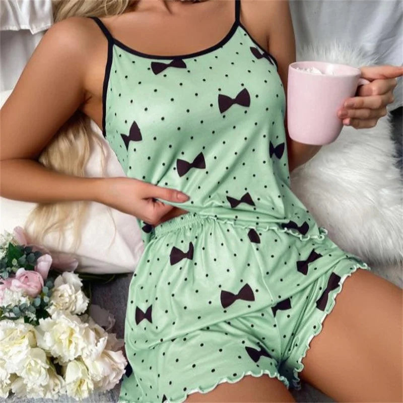 Women's Pajama Set Pajamas T-Shirts Shorts Pink Heart-Shaped Print Round Neck T-Shirt Ice Silk Top Comfortable Casual Summer ﻿